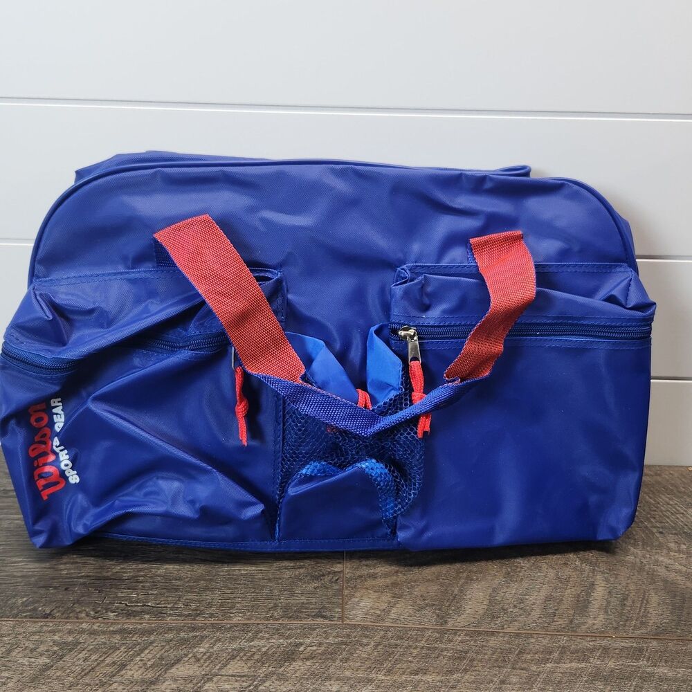 Vintage Wilson Sports Gear Duffel Bag Blue 18” Gym Travel Tote Red Zipper Pulls
